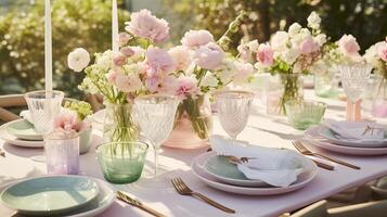 AI generated A garden party table with floral arrangements and pastel decor photo