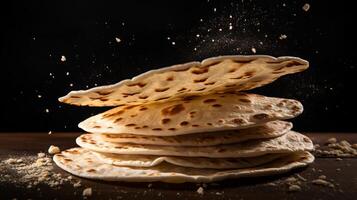 ai generado un apilar de tortillas voltear en el aire foto