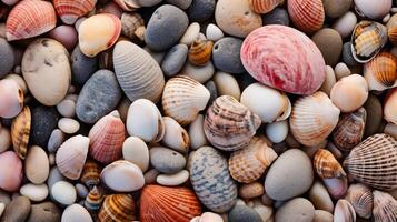 AI generated A closeup of textured seashells and pebbles on the beach photo