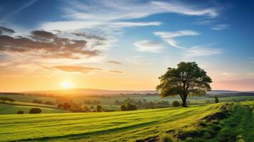 AI generated Tranquil sunrise over a tranquil countryside landscape photo