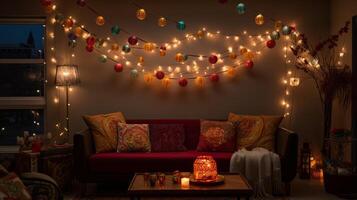 AI generated Diwali lights illuminating a living room photo