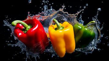 AI generated A colorful bell pepper creating a burst of color in water photo