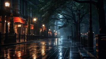 ai generado lluvia mojado ciudad calle con un temperamental ambiente foto