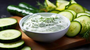 AI generated A cucumber slice making a refreshing splash in a tzatziki dip photo