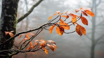 AI generated Leaves against a misty forest backdrop photo