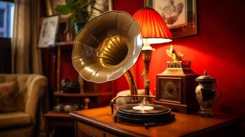 AI generated Vintage gramophone enveloping the room in lofi charm photo