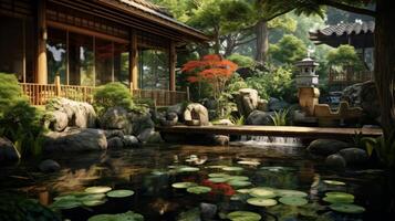 ai generado un sereno japonés jardín con un koi estanque para un zen atmósfera foto