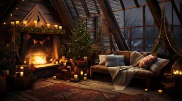 AI generated Cozy yuletide setting with warm lights and rustic elements photo