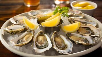 AI generated A mouthwatering plate of freshly shucked oysters with lemon wedges photo