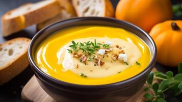 AI generated A bowl of creamy butternut squash soup photo