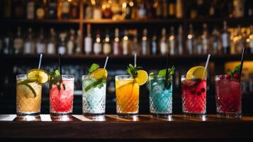 AI generated Cocktails in a row at a busy bar photo