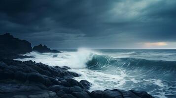 AI generated Moody seascape with crashing waves photo