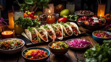 ai generado un mexicano fiesta mesa con tacos y vistoso decoraciones foto