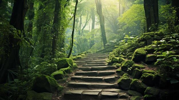 ai generado lozano bosque de Progreso camino foto