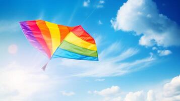 AI generated A rainbow themed kite soaring high in the sky photo