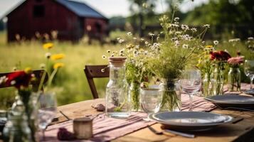 AI generated Rustic wedding table with wildflowers photo