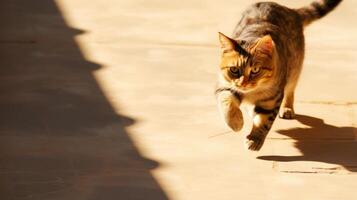 ai generado un gracioso gato persiguiendo sus sombra con mayor determinación foto