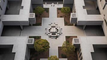 AI generated An overhead view of a symmetrical brutalist courtyard photo