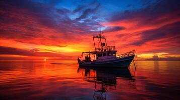 AI generated The silhouette of a boat against a fiery sky photo