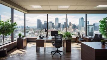 AI generated A spacious office with a view of the cityscape photo