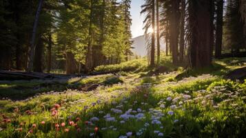 ai generado un iluminado por el sol bosque con un alfombra de flores silvestres foto