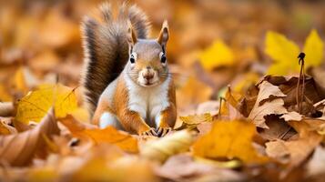 AI generated A squirrel among autumn leaves photo