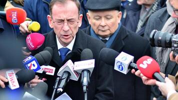 Warsaw, Poland. 7 February 2024.Former parliamentarian from the PIS party Mariusz Kaminski during a press conference in front of the Sejm photo