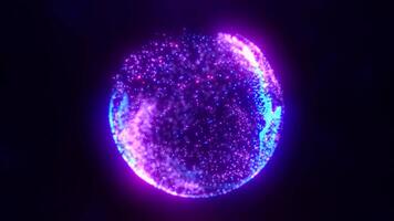 Abstract blue purple glowing digital high-tech futuristic energy plasma sphere with lines and particles on dark black background. Video in high quality 4k, motion design. Big data concept