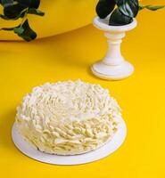 White Mousse Cake on Yellow Background photo