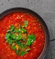 Ukrainian borsch red soup top view photo