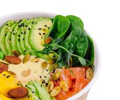 Hawaiian Poke Bowl with Salmon isolated on white photo