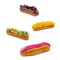 assorted delicious French eclairs on a white background photo