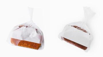 Sweet bread in plastic packaging on a white background photo