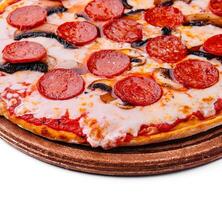 Pepperoni pizza with sausage white background photo