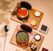 different soups. Borscht, chicken soup and tomato soup photo