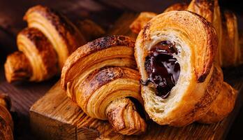 croissant filled with chocolate close up photo