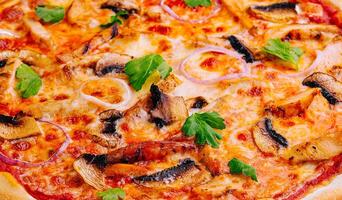 Fresh Barbecue Chicken Pizza with Vegetables and Cheese photo