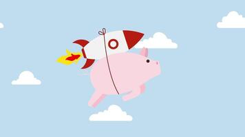 4k animatie boost besparing en krijgen hoger opbrengst, roze varkentje bank dat vliegt met raket aanjager. video