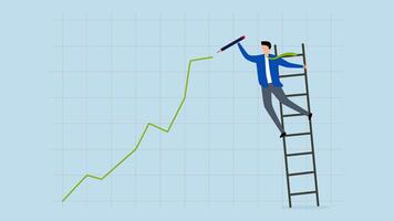 4k animazione azione prezzo crescita, uomo d'affari commerciante arrampicata su scala per disegnare verde crescente su investimento linea grafico. video