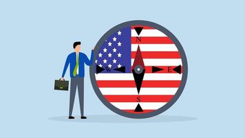 4k animatie wereld en Verenigde staten economisch richting na presidentieel verkiezing, leiders in bedrijf staan met kompas en de ons vlag. video