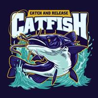 Shirt Design of Fishing Catfish Illustration Vintage vector