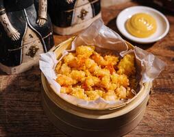 deep fried shrimp with sauce top view photo
