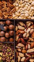 Assorted nuts close up top view background photo