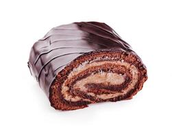 Chocolate roll with cream on a white background photo