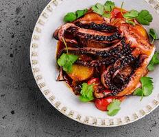 Grilled octopus with vegetables on top view photo