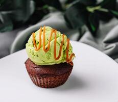 Chocolate fondant with pistachio ice cream photo