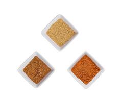 Various Indian Spices in Small White Bowls on white background photo