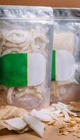 dried coconut in plastic packaging photo