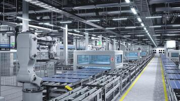 Busy solar panel factory with robotic arms placing photovoltaic modules on conveyor belts, 3D rendering. High tech modern manufacturing warehouse producing solar cells for renewable energy industry photo