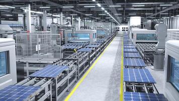 industrial solar panel fábrica con robótico brazos colocación fotovoltaica módulos en transportador cinturones, 3d prestar. alto tecnología fabricación almacén productor solar células para sostenible energía industria foto